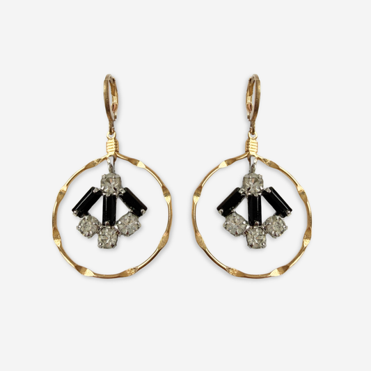 Gold plated hoop earrings with vintage black rhinestone center drops