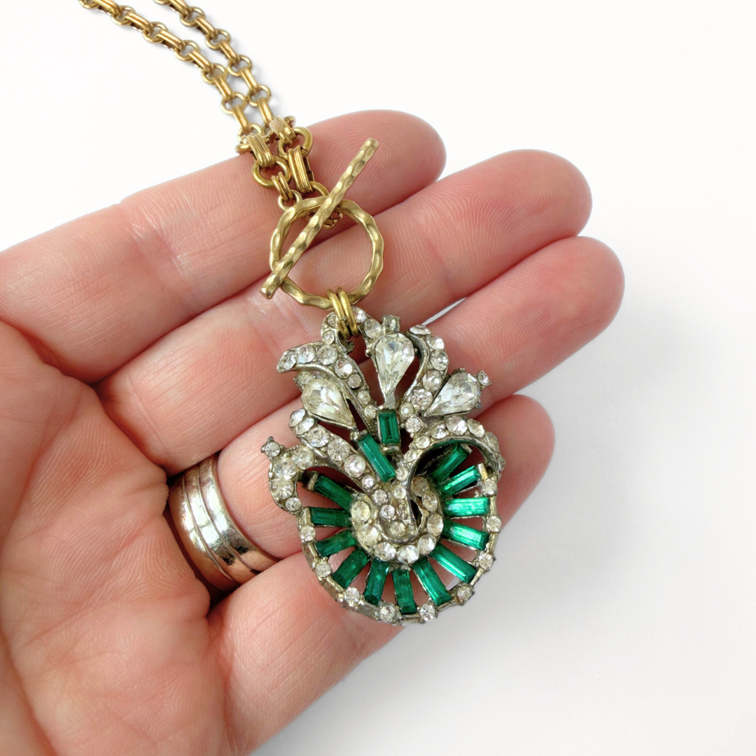 Vintage clear and emerald rhinestone deco pendant with brass chain and toggle