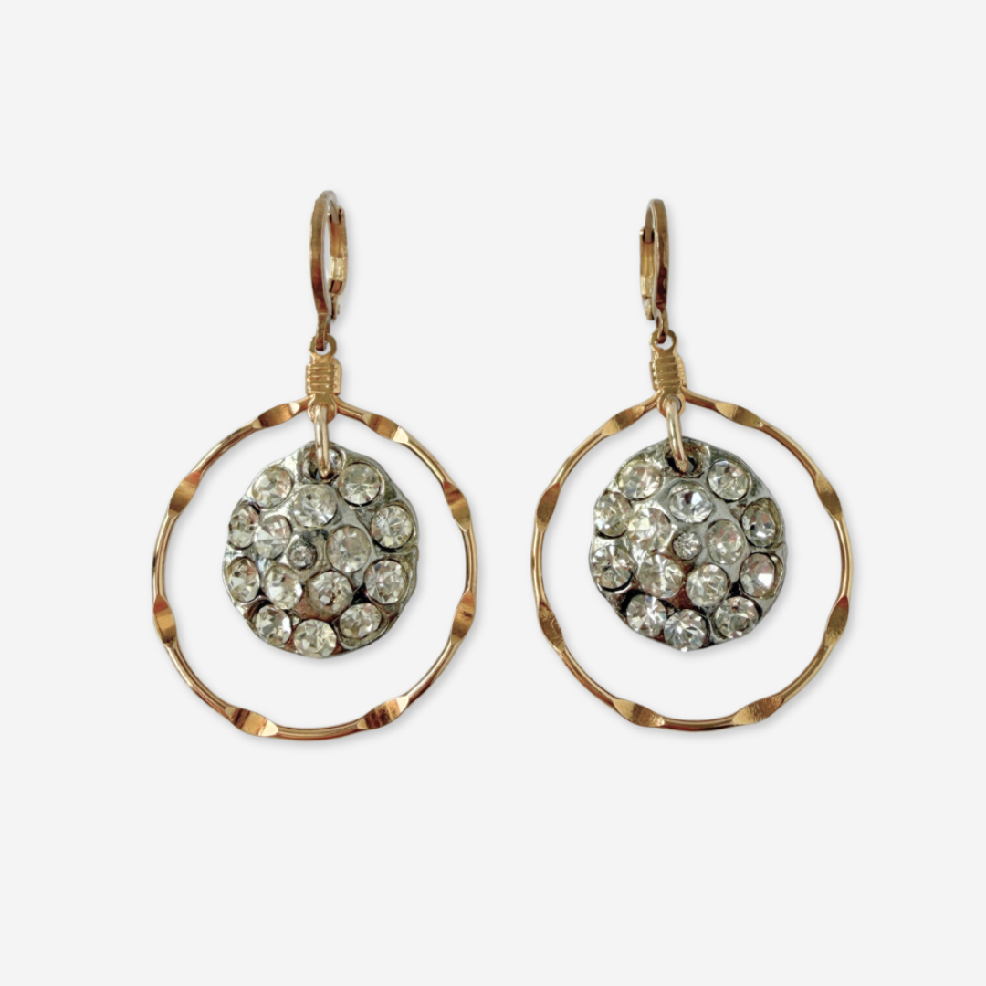 Gold plated hoop earrings with vintage clear rhinestone drops