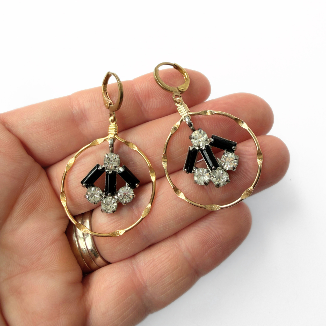 Gold plated hoop earrings with vintage black rhinestone center drops