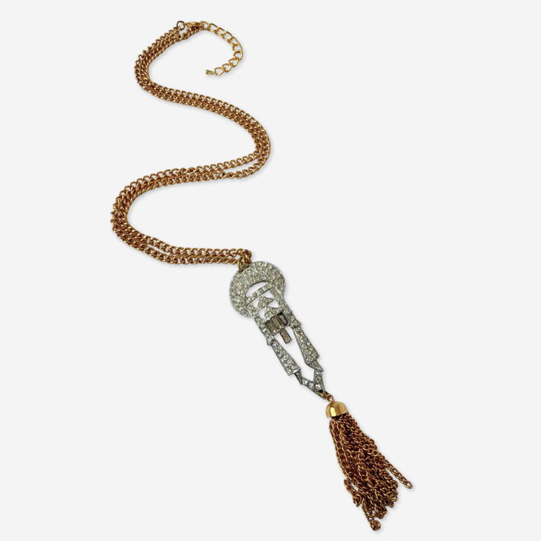 Refashioned vintage clear rhinestone art deco tassel necklace