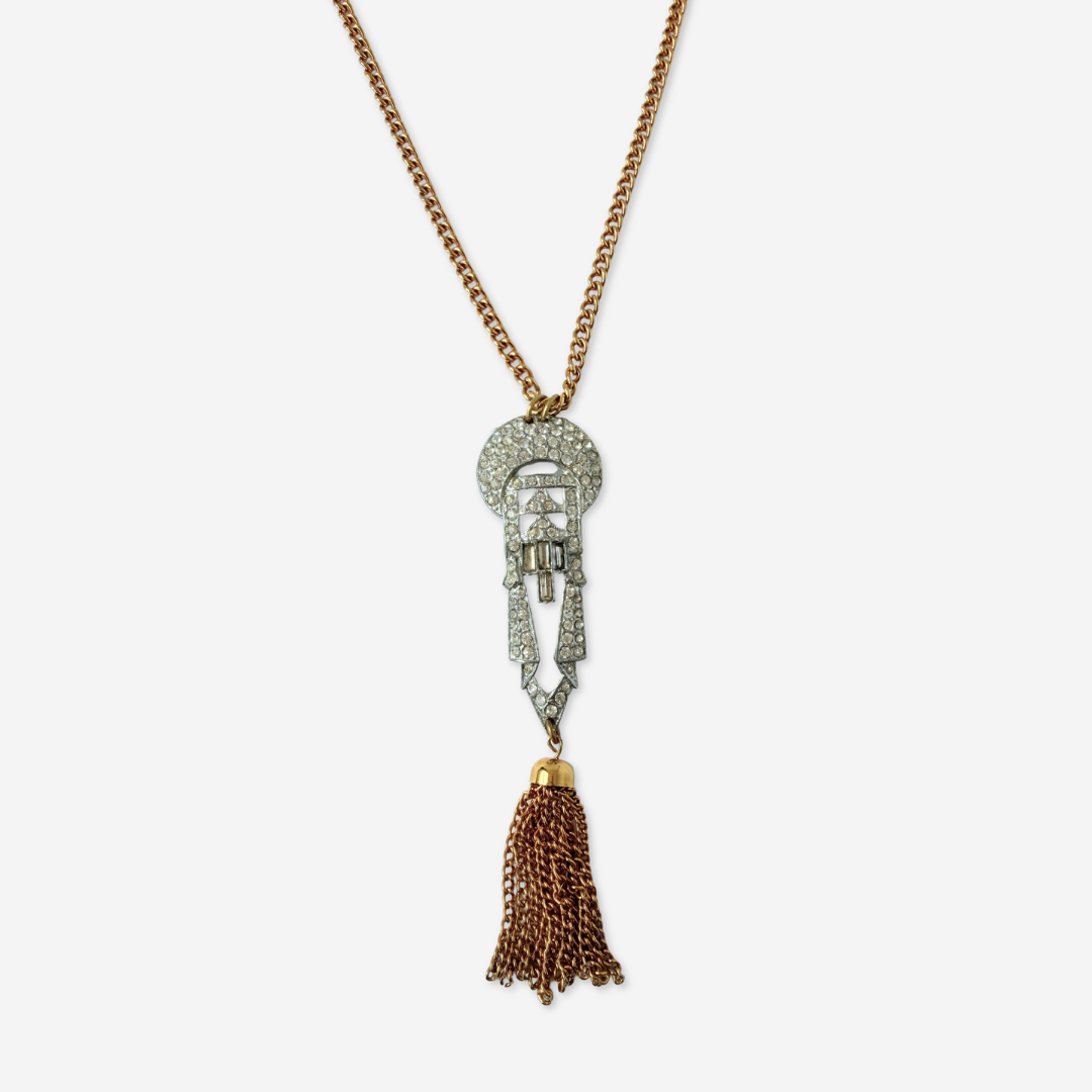Refashioned vintage clear rhinestone art deco tassel necklace