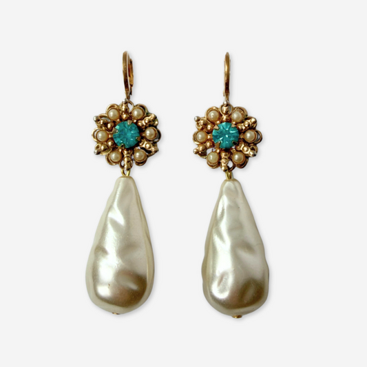 Refashioned vintage aqua blue rhinestone and pearl teardrop earrings