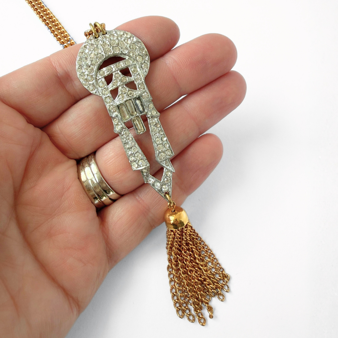 Refashioned vintage clear rhinestone art deco tassel necklace