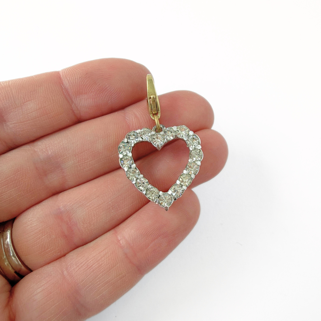 Refashioned vintage clear rhinestone and silver open heart charm