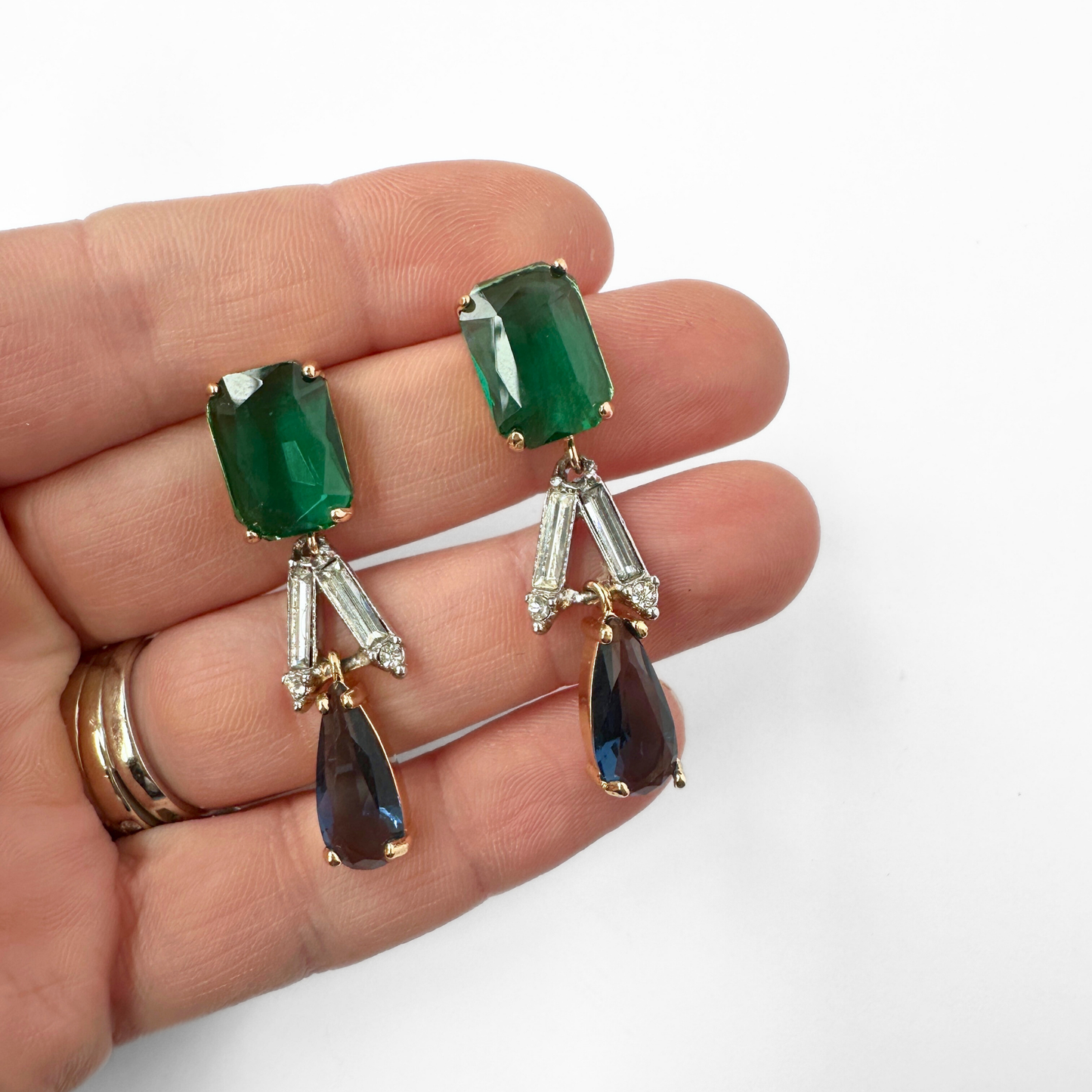 Refashioned vintage navy blue, green, and clear rhinestone cascading earrings