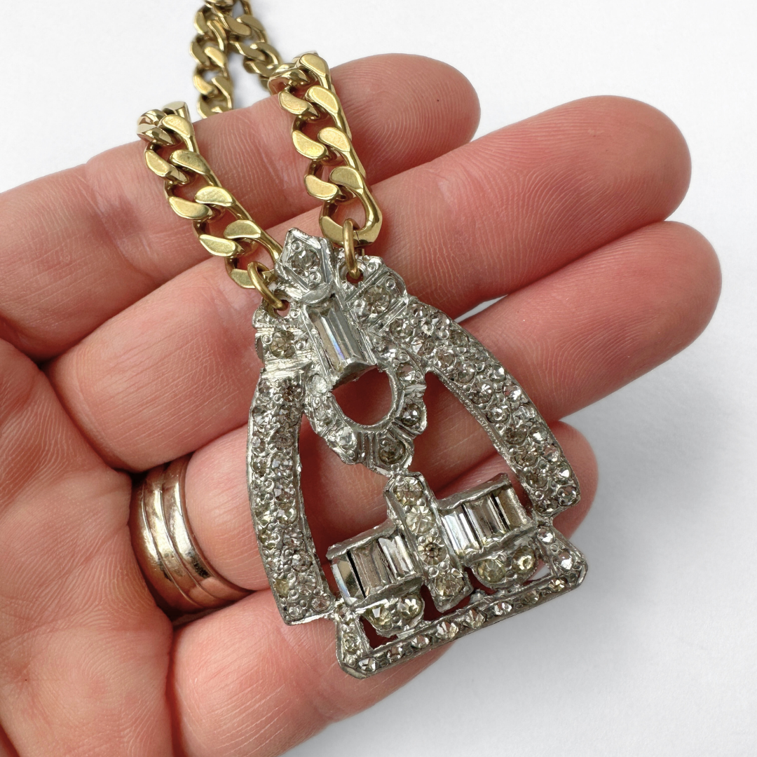 Refashioned vintage clear rhinestone art deco pendant necklace