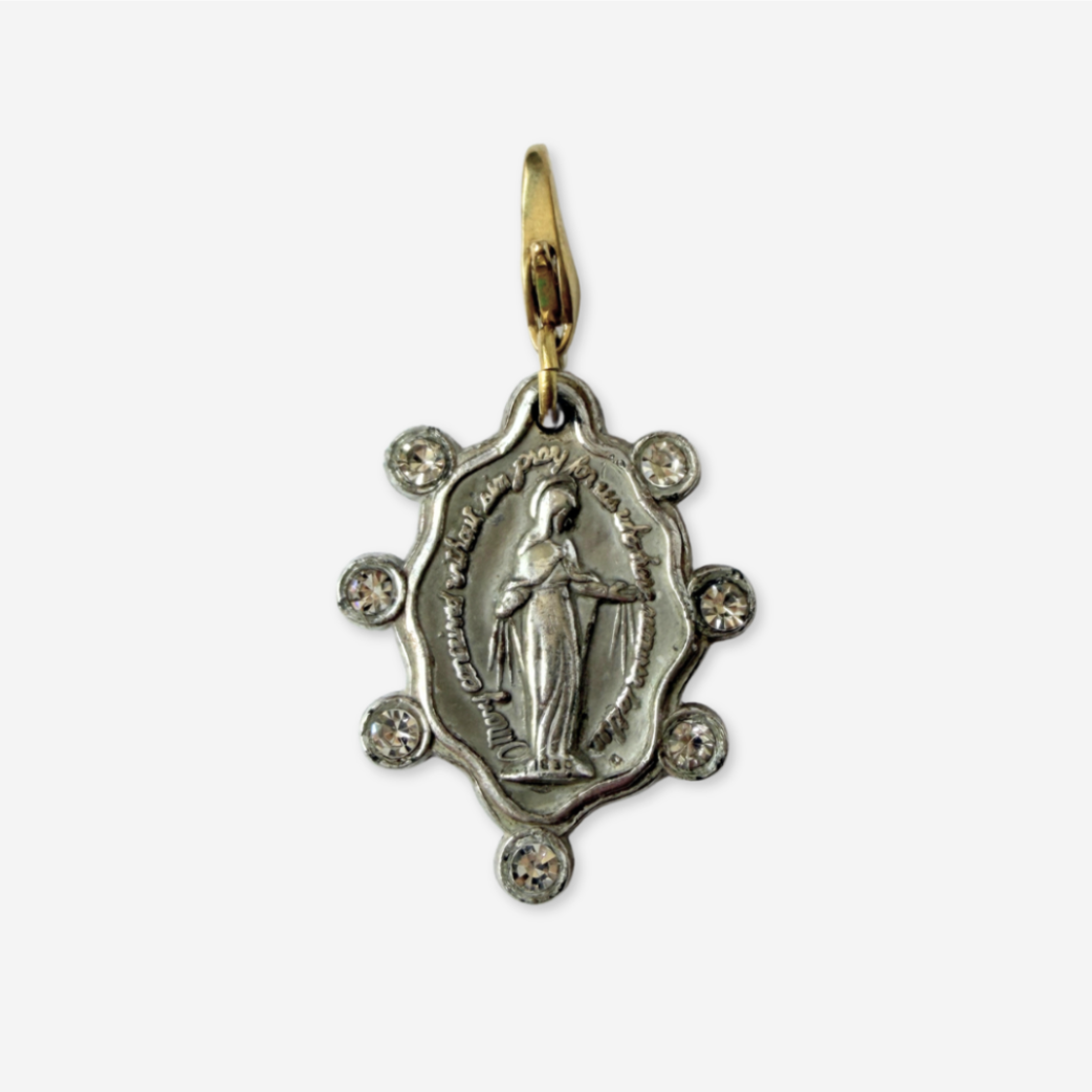 Vintage silver and rhinestone Miraculous Medal charm