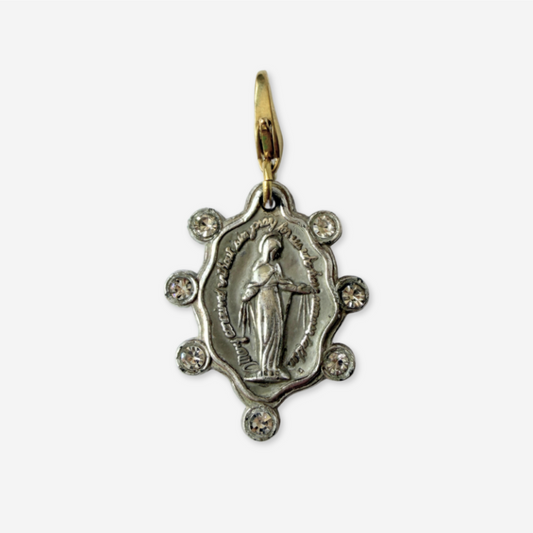 Vintage silver and rhinestone Miraculous Medal charm