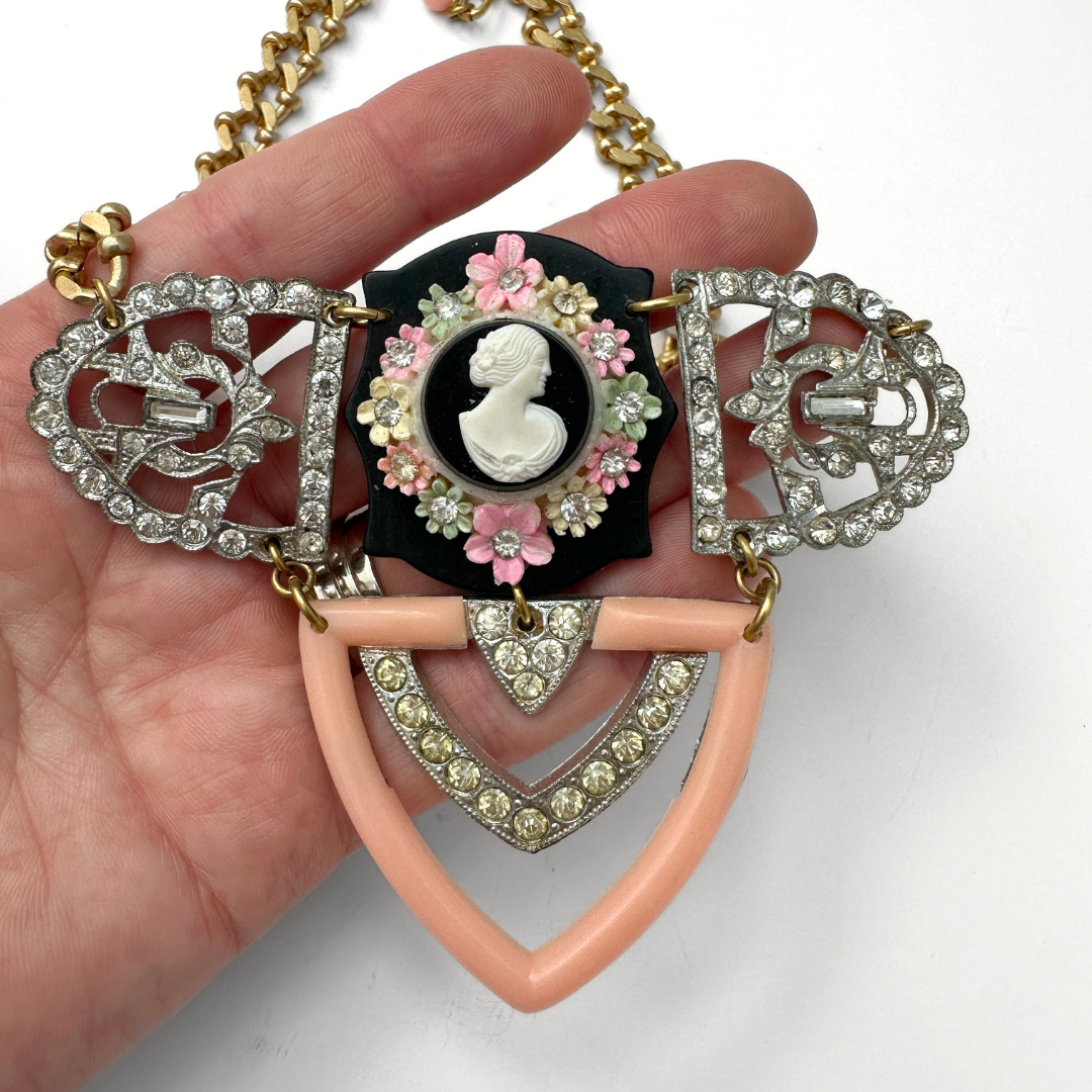 Repurposed vintage pink and black rhinestone cameo assemblage necklace