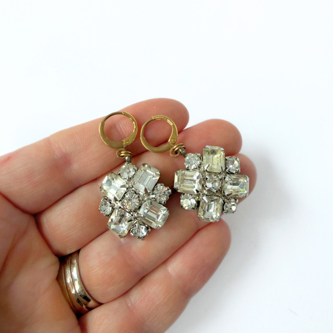 Refashioned vintage large clear rhinestone drop earrings