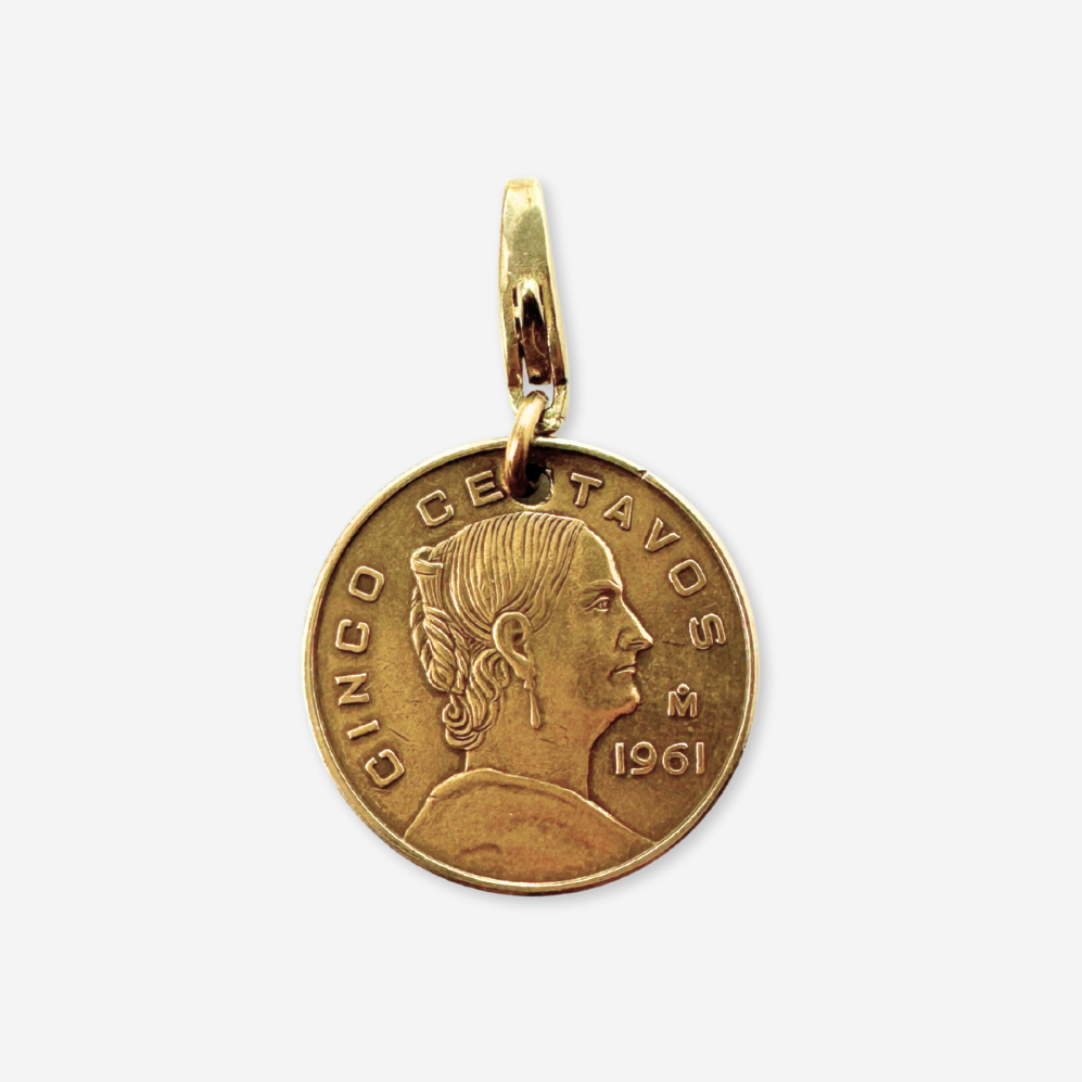Vintage 1961 Brass Mexican 5 Centavos coin charm