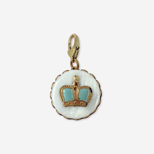 Vintage mother of pearl and baby blue enamel crown button charm