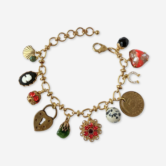 Repurposed vintage red and green mixed charm bracelet