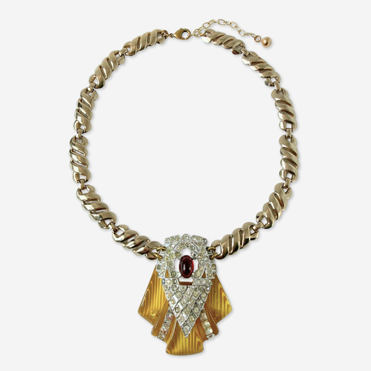 Repurposed vintage yellow bakelite, red, and clear rhinestone assemblage necklace
