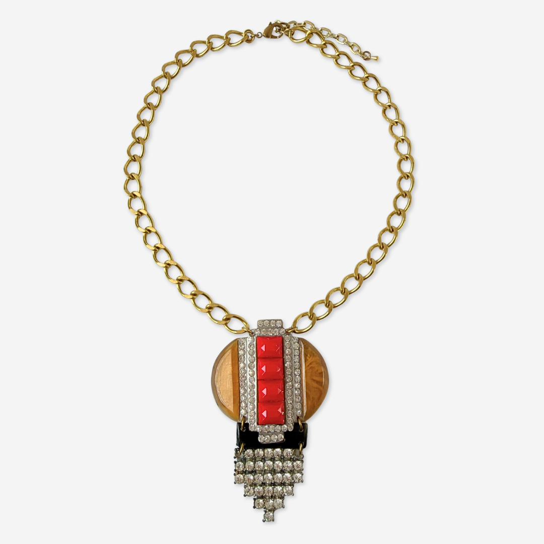 Repurposed vintage red, butterscotch and black rhinestone assemblage necklace