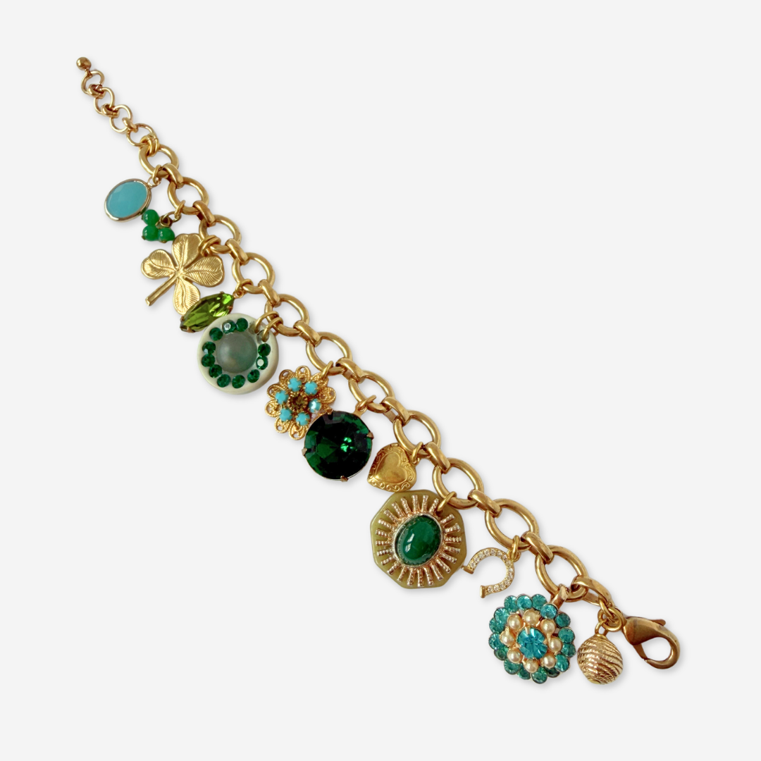 Chunky Refashioned Vintage green and turquoise mixed charm bracelet