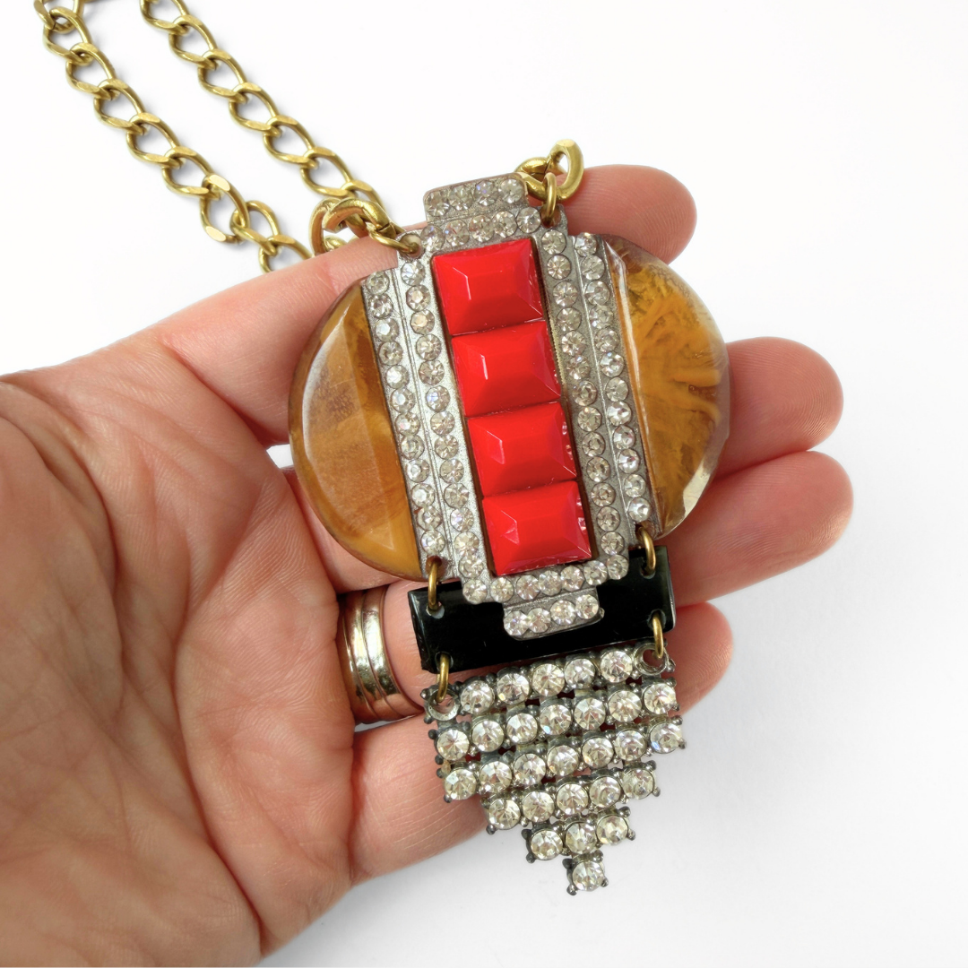 Repurposed vintage red, butterscotch and black rhinestone assemblage necklace