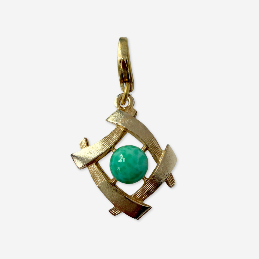 Vintage gold tone Asian-revival charm with jade glass stone