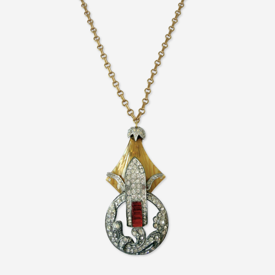 Repurposed Vintage yellow bakelite, red, and clear rhinestone assemblage necklace