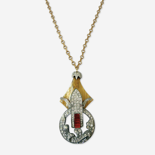 Repurposed Vintage yellow bakelite, red, and clear rhinestone assemblage necklace