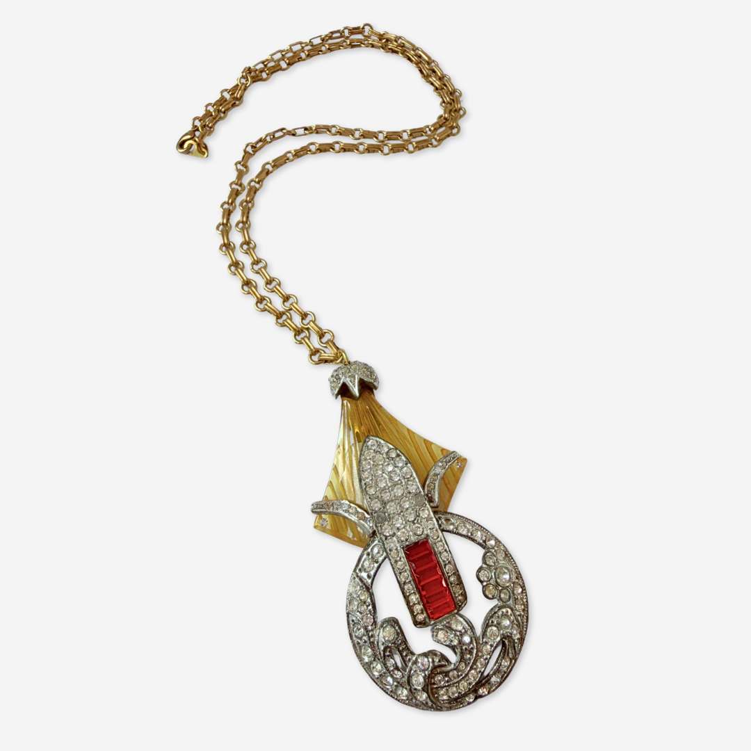 Repurposed Vintage yellow bakelite, red, and clear rhinestone assemblage necklace