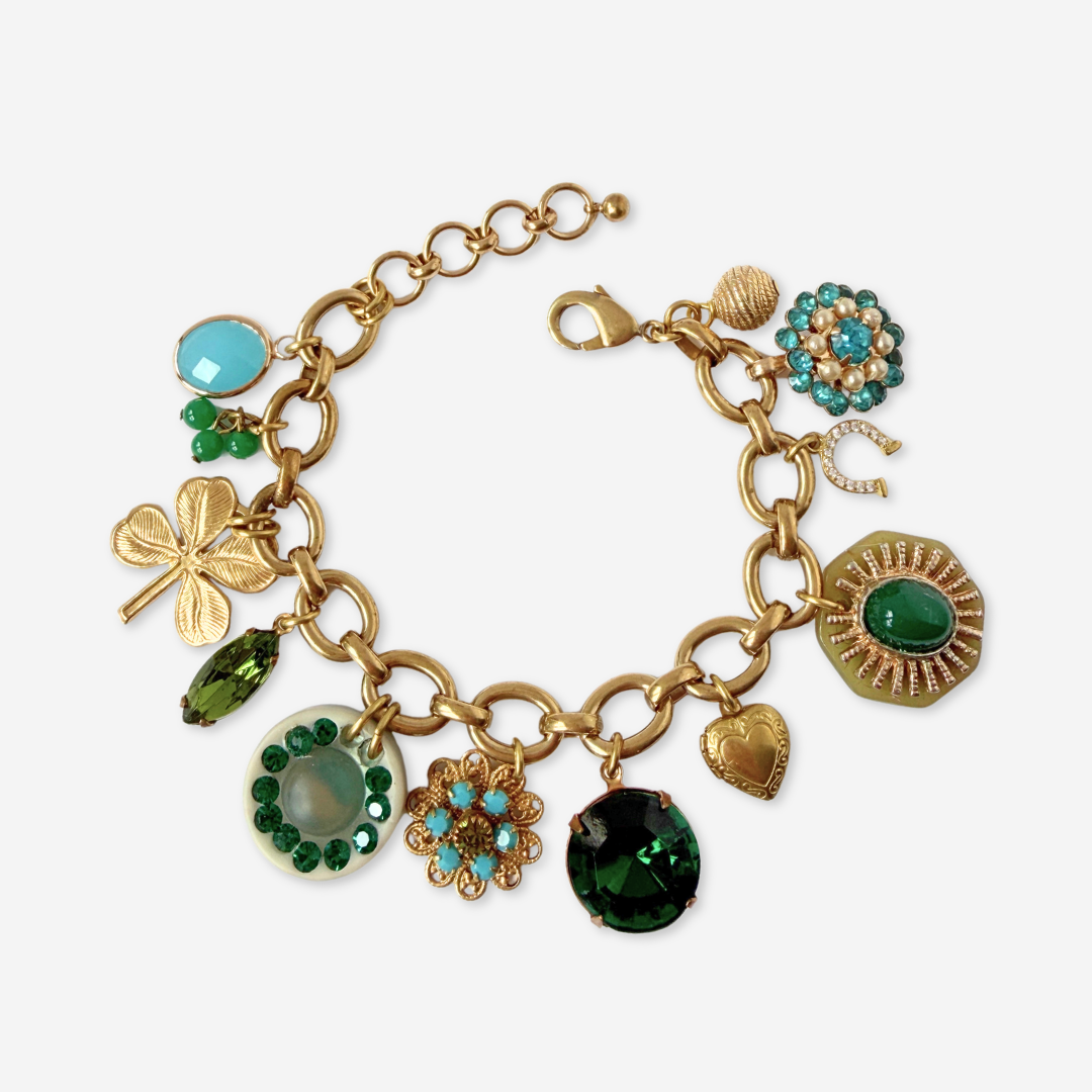 Chunky Refashioned Vintage green and turquoise mixed charm bracelet