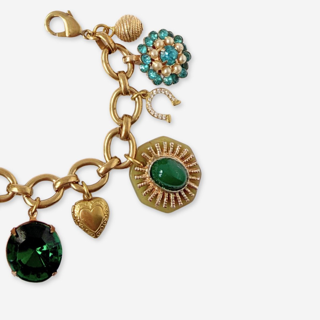 Chunky Refashioned Vintage green and turquoise mixed charm bracelet