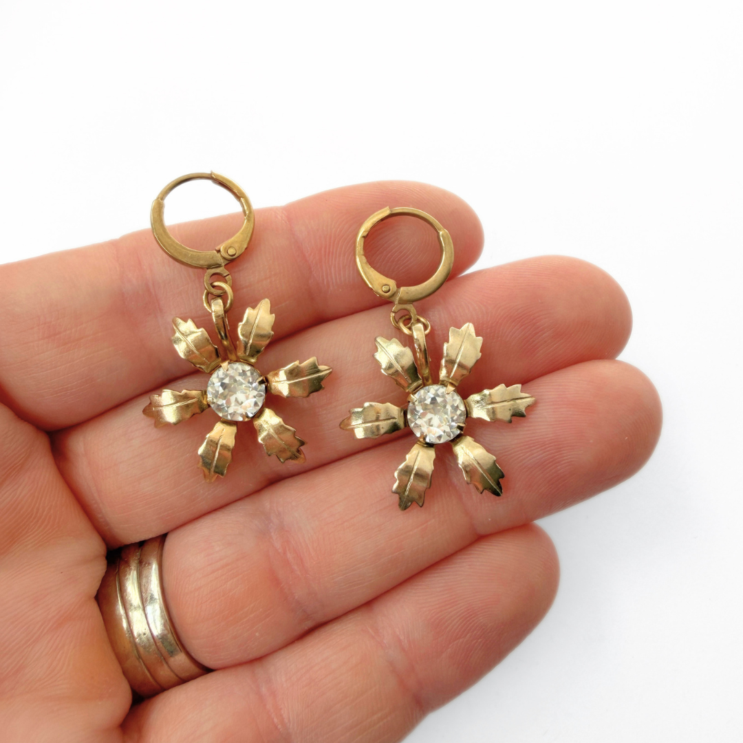Vintage Gold plated and clear rhinestone flower earrings