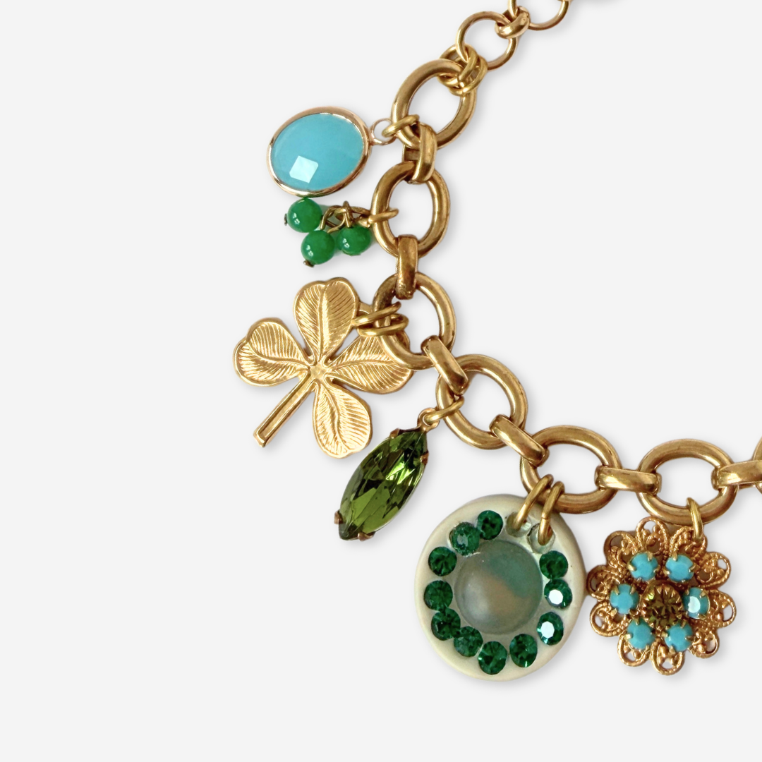 Chunky Refashioned Vintage green and turquoise mixed charm bracelet
