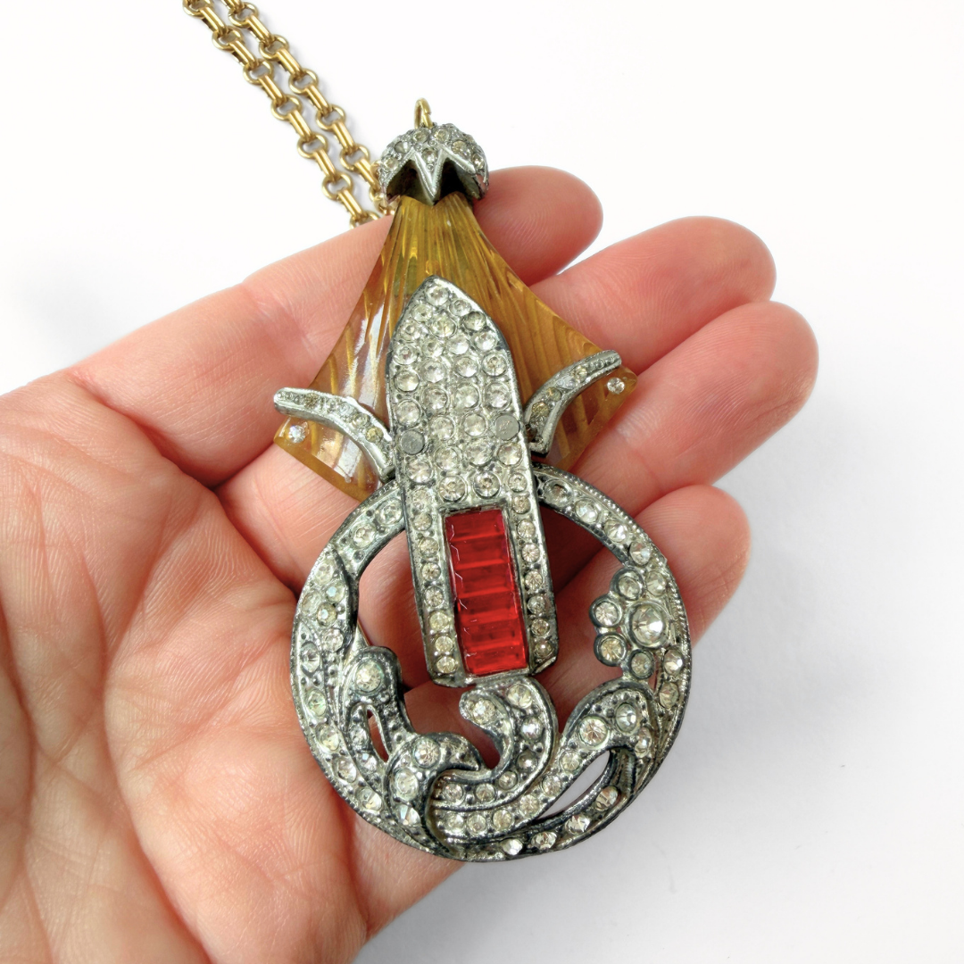 Repurposed Vintage yellow bakelite, red, and clear rhinestone assemblage necklace