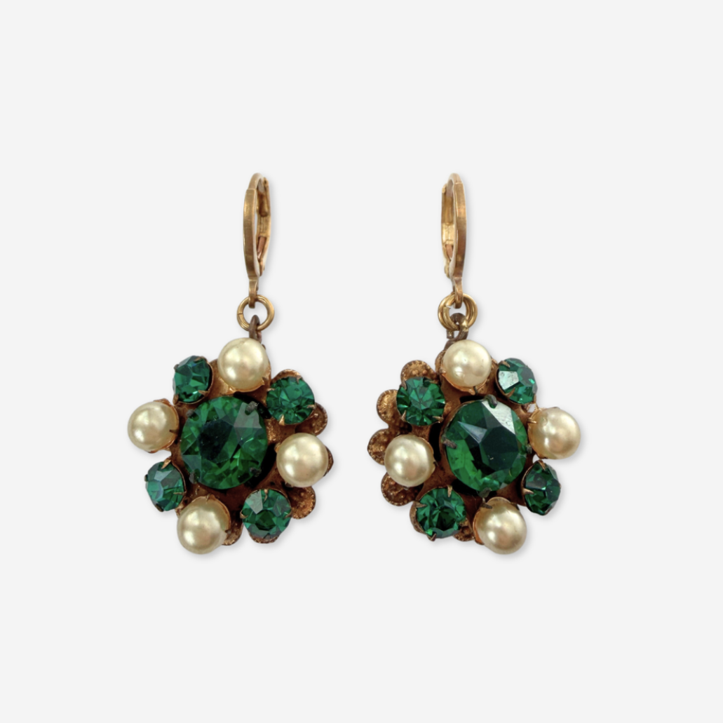Refashioned vintage emerald green and pearl drop earrings