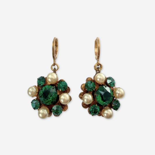 Refashioned vintage emerald green and pearl drop earrings
