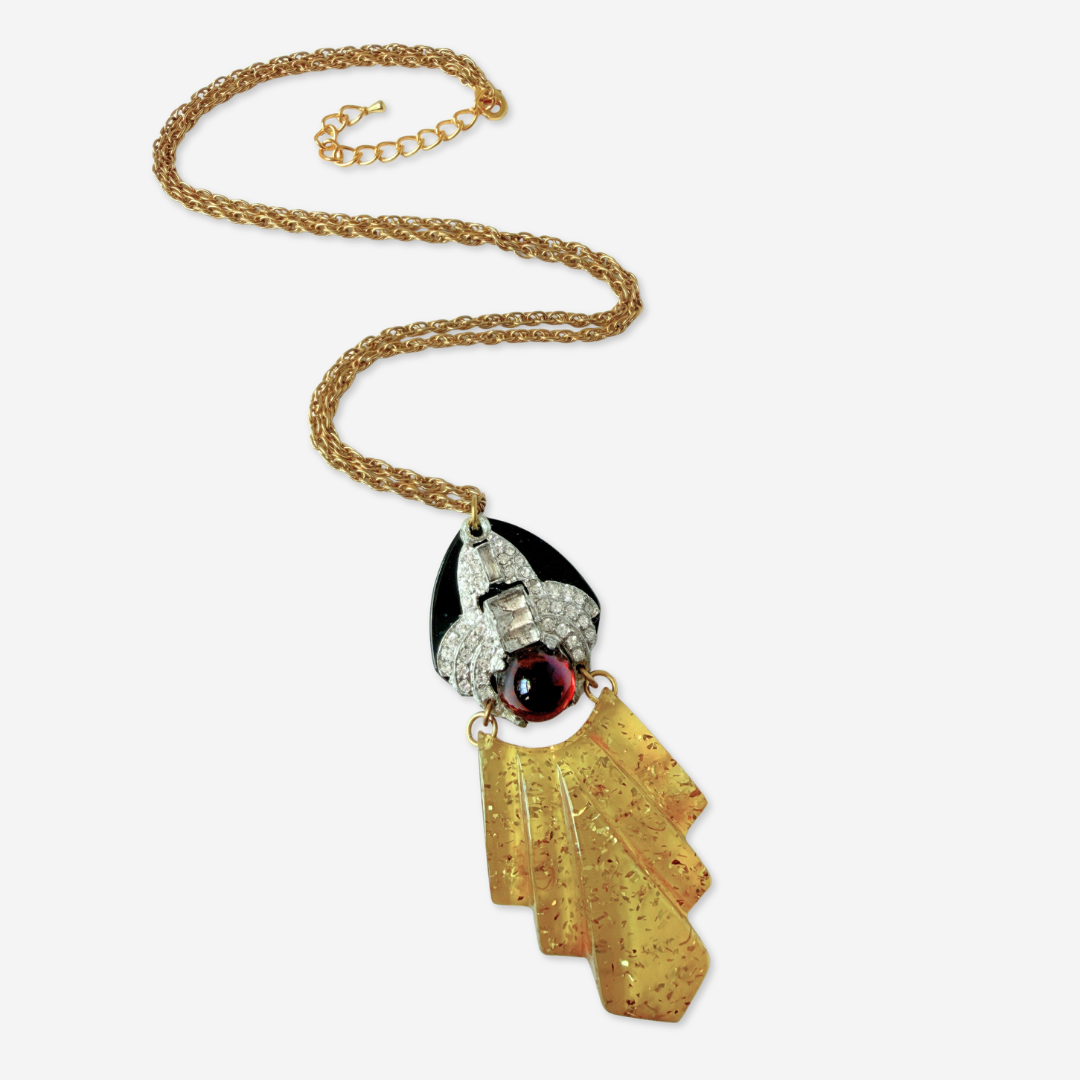 Repurposed Vintage red, black, and yellow bakelite, rhinestone assemblage pendant