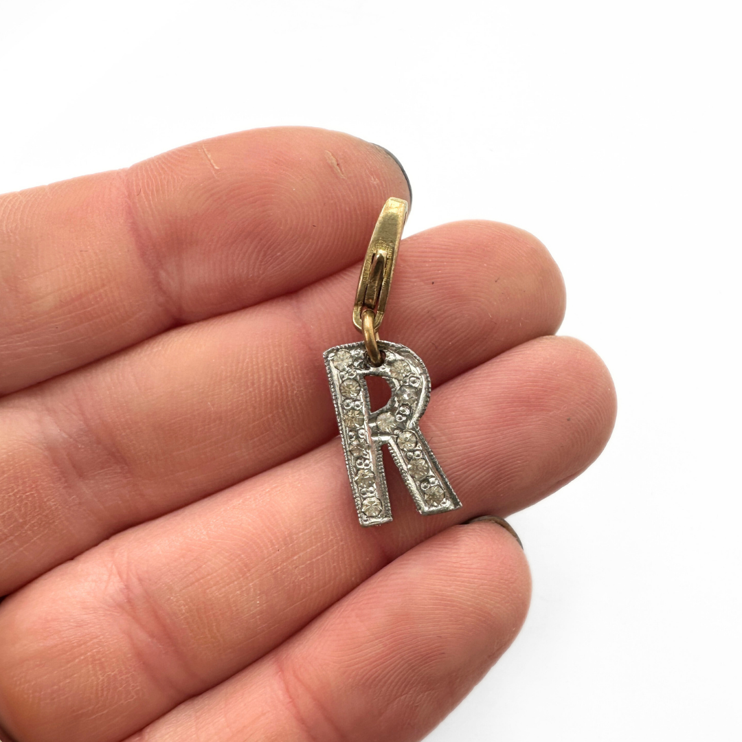 Small vintage clear rhinestone letter "R" charm