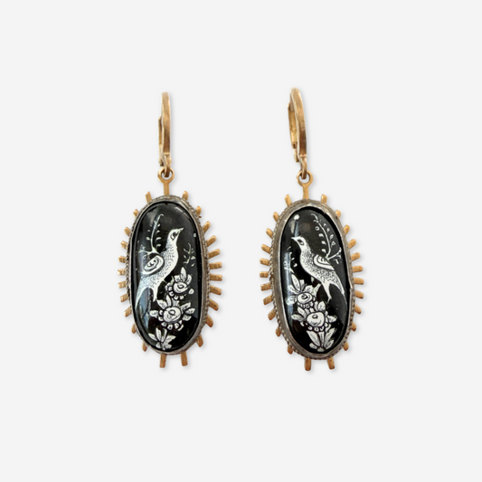 Refashioned Vintage black and white oval bird earrings