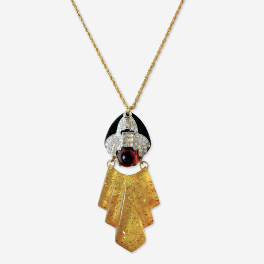Repurposed Vintage red, black, and yellow bakelite, rhinestone assemblage pendant