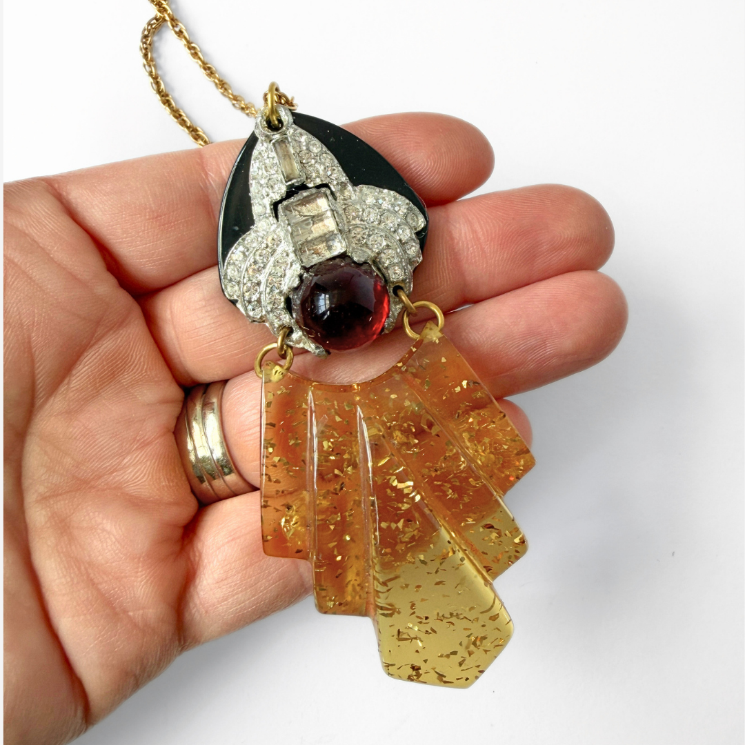 Repurposed Vintage red, black, and yellow bakelite, rhinestone assemblage pendant