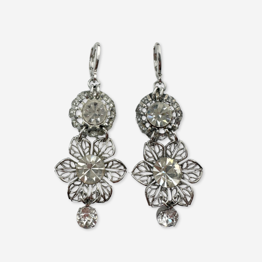 Refashioned silver and clear vintage rhinestone floral statement earrings