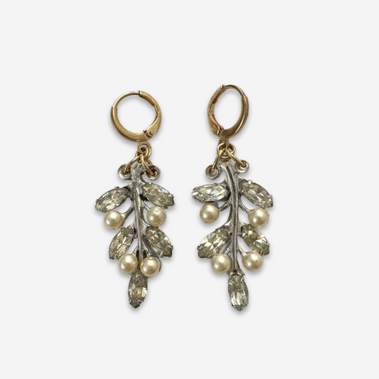 Refashioned vintage clear rhinestone and pearl leaf earrings