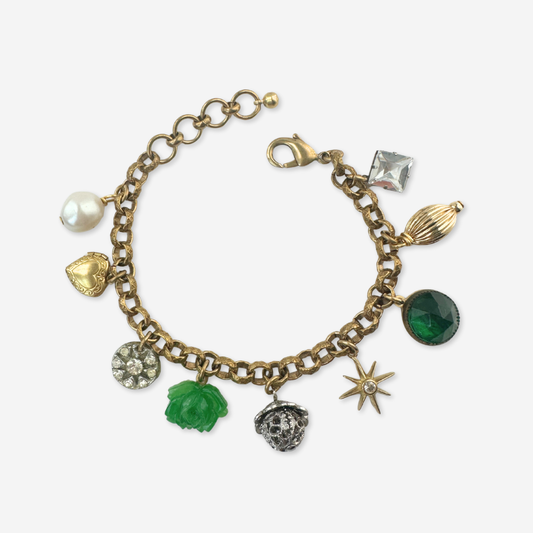 Repurposed vintage green and gold mixed charm bracelet