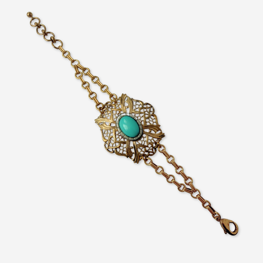 Repurposed Vintage brass filigree bracelet with turquoise center
