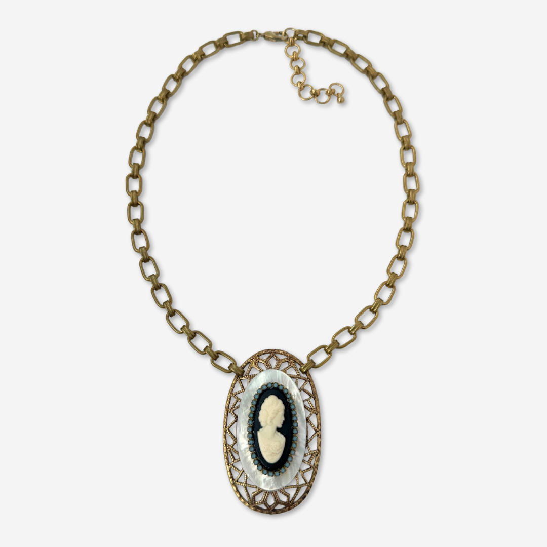 Mother of pearl refashioned vintage layered oval cameo pendant necklace