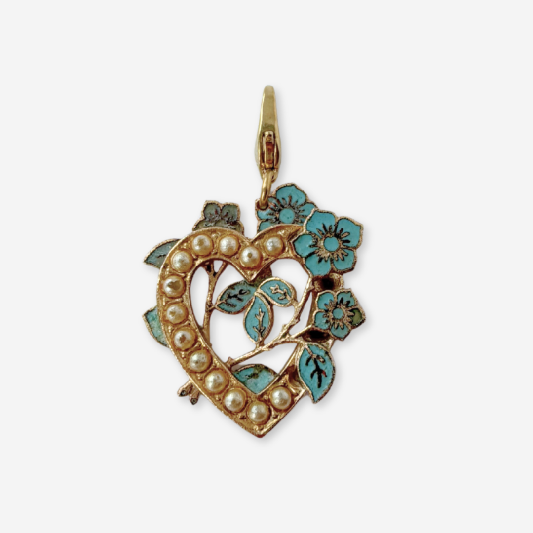 Vintage pearly heart charm with blue enamel flowers