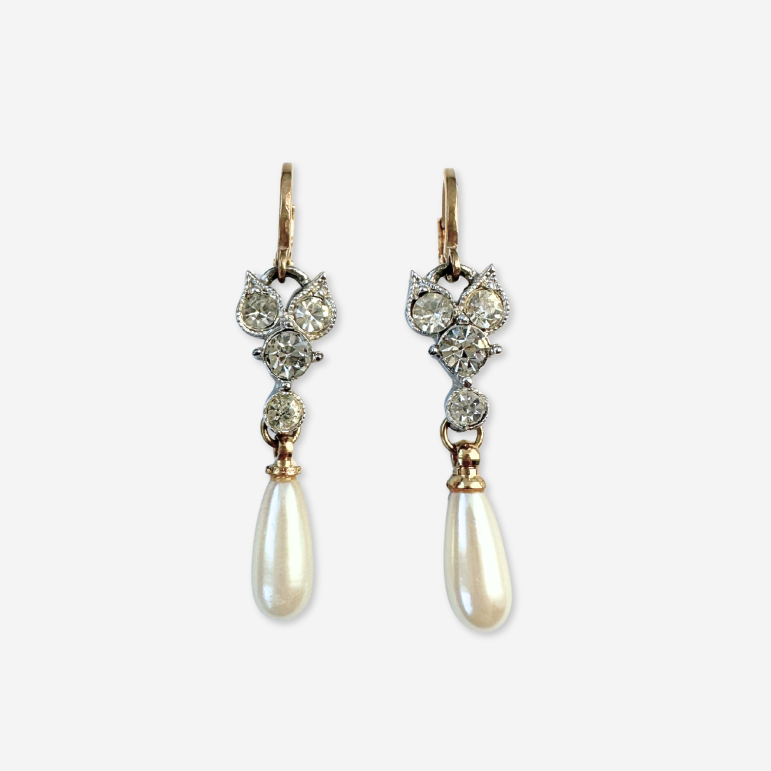 Refashioned vintage silver and clear rhinestone link earrings with pearl teardrop