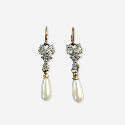 Refashioned vintage silver and clear rhinestone link earrings with pearl teardrop
