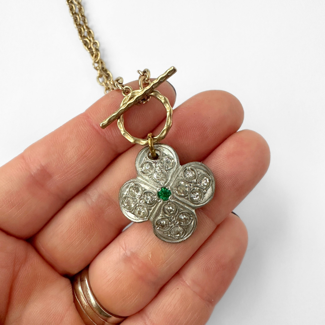 Vintage art deco quatrefoil rhinestone pendant with toggle clasp