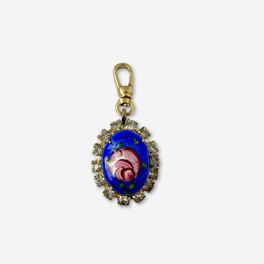 Vintage blue hand painted floral and rhinestone oval charm.