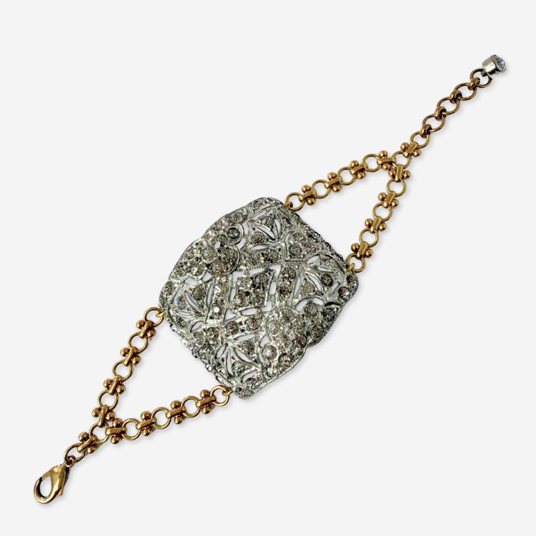 Refashioned Antique Rhinestone Shoe Buckle bracelet with brass chain