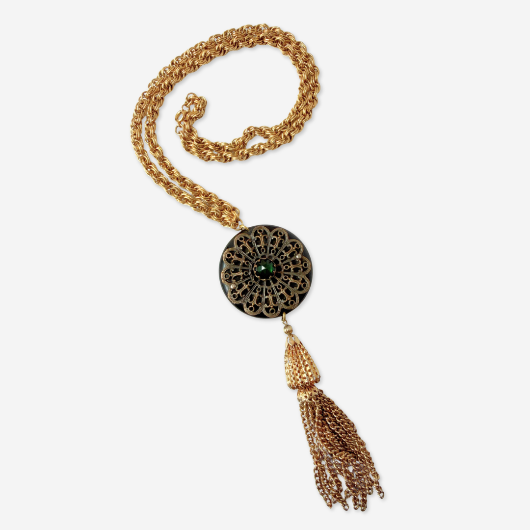 Refashioned vintage black bakelite and filigree tassel necklace